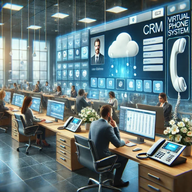 DALL·E 2025-01-25 19.12.29 - An image illustrating the concept of virtual telephony and cloud-based phone systems. The scene shows a modern office with employees using computers a