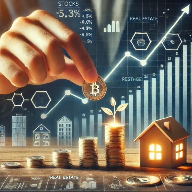 DALL·E 2025-01-30 15.24.31 - An image representing small-scale investments. The scene features a person holding a small stack of coins and placing them into different investment o