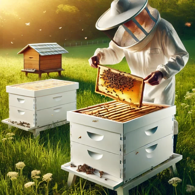 DALL·E 2025-02-04 16.13.43 - A modern beekeeper in a lush green field, inspecting a lightweight polystyrene beehive. The hive is bright white with ventilation slots and honeycombs