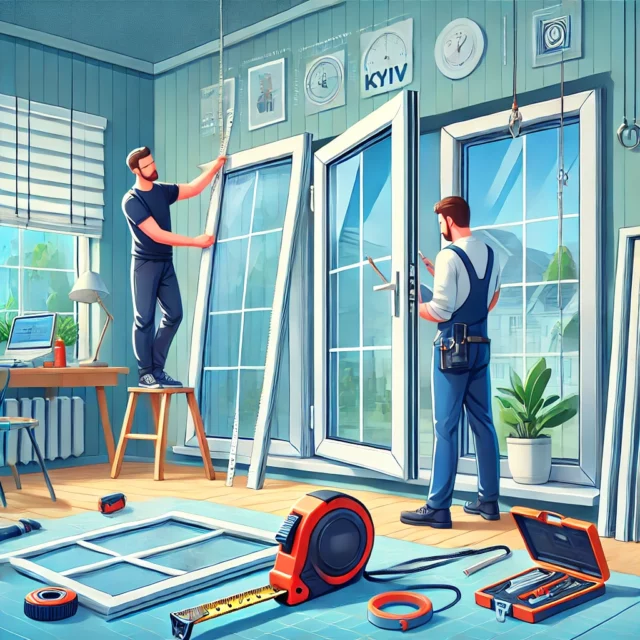 DALL·E 2025-02-13 18.36.12 - An informative illustration for an article about affordable plastic windows in Kyiv, including installation and repair. The scene shows a home setting