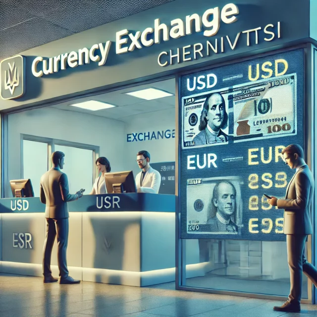 DALL·E 2025-02-20 21.20.00 - A realistic digital illustration of a currency exchange scene in Chernivtsi. A modern exchange office with a digital board displaying current exchange