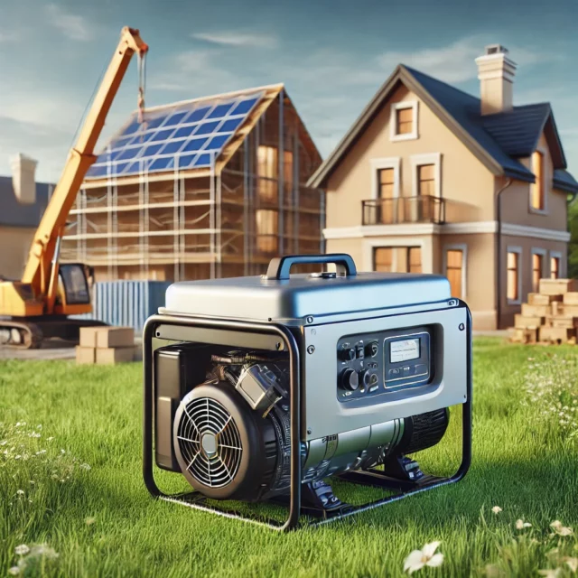DALL·E 2025-03-07 09.51.32 - A modern gasoline generator placed outdoors on a grassy field, with a house and construction site in the background. The generator is compact and port