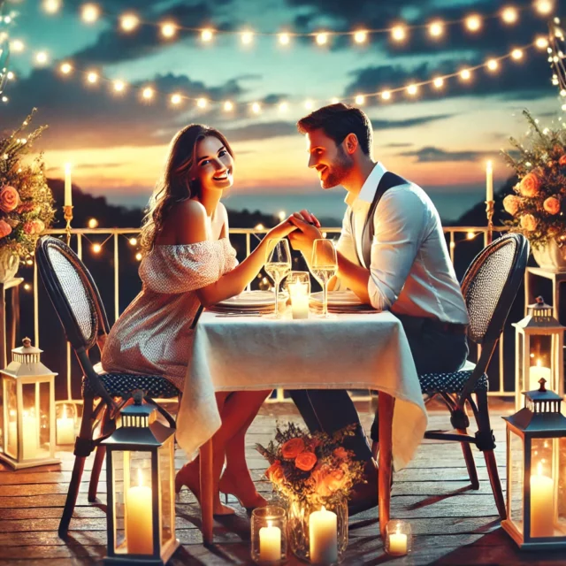 DALL·E 2025-03-03 10.51.36 - A romantic and dreamy scene of a couple on a memorable date. They are sitting at an elegantly set outdoor table under fairy lights, holding hands and