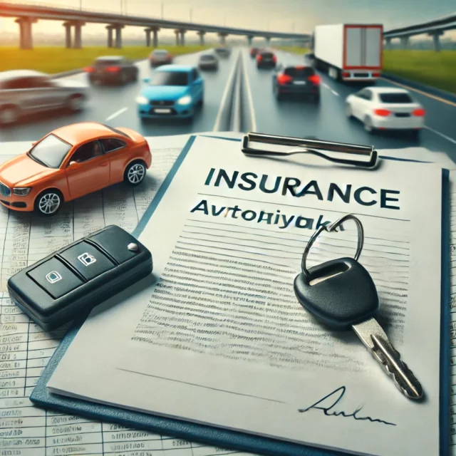 DALL·E 2025-03-07 12.36.31 - An illustration of an insurance policy document labeled 'Автоцивілка' placed next to a car key and a toy car. In the background, a blurred image of a