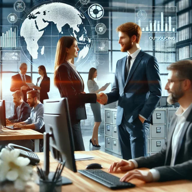 DALL·E 2025-03-10 02.12.11 - A modern office environment with a professional team working at their desks. In the foreground, a business manager shakes hands with an outsourcing sp