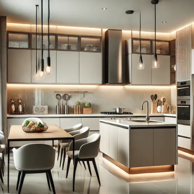 DALL·E 2025-03-08 02.45.28 - A modern kitchen with custom-built cabinetry, sleek countertops, and stylish lighting. The kitchen features a spacious layout with a dining area, high