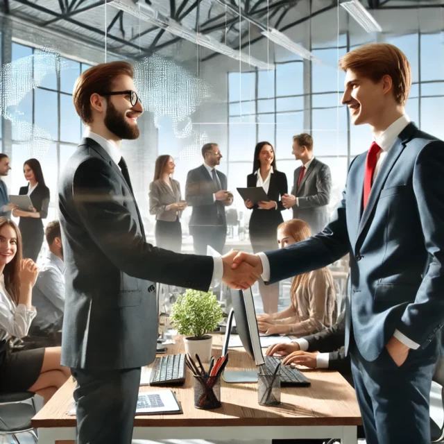 DALL·E 2025-03-10 02.23.04 - A modern office environment where business professionals are discussing outsourcing solutions. In the foreground, a handshake between a company manage