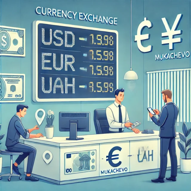 DALL·E 2025-03-25 09.40.28 - A modern and professional currency exchange office in Mukachevo, Ukraine. A clean and welcoming interior with a digital display board showing currency