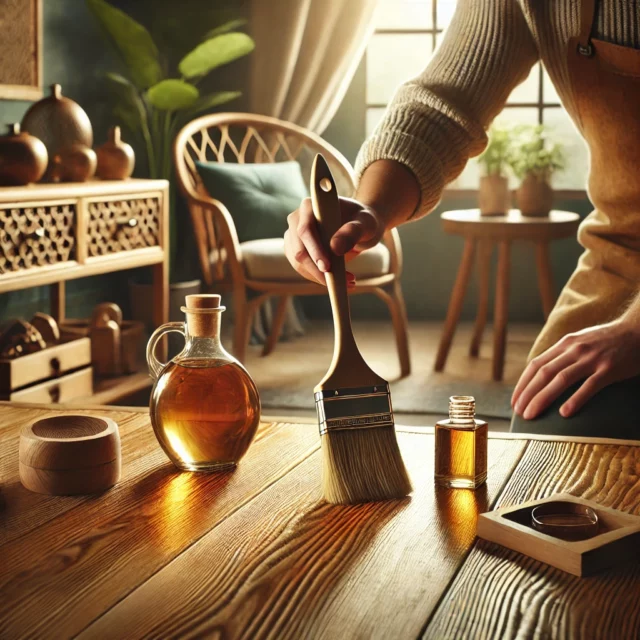 DALL·E 2025-01-27 16.27.58 - A high-quality image showcasing the use of special wood oil on wooden surfaces. The scene features a person applying wood oil with a brush on a wooden