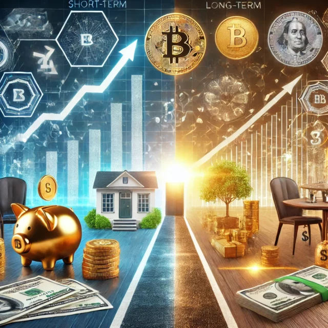 DALL·E 2025-01-30 15.03.32 - A visual representation of short-term and long-term investments. The scene features two paths_ one leading to quick financial gains with stock charts,