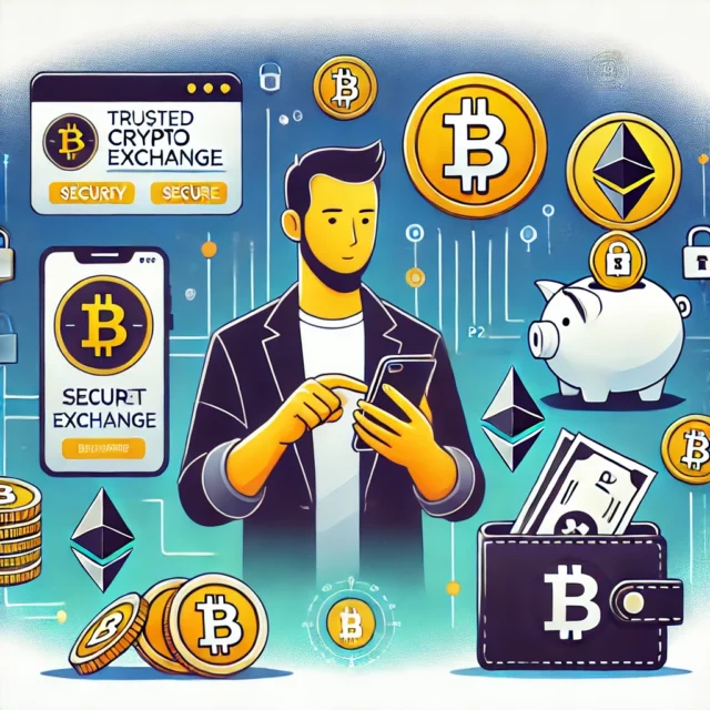 DALL·E 2025-02-04 21.28.01 - A digital illustration depicting secure ways to buy cryptocurrency. A person using a smartphone with a trusted crypto exchange app, a hardware wallet