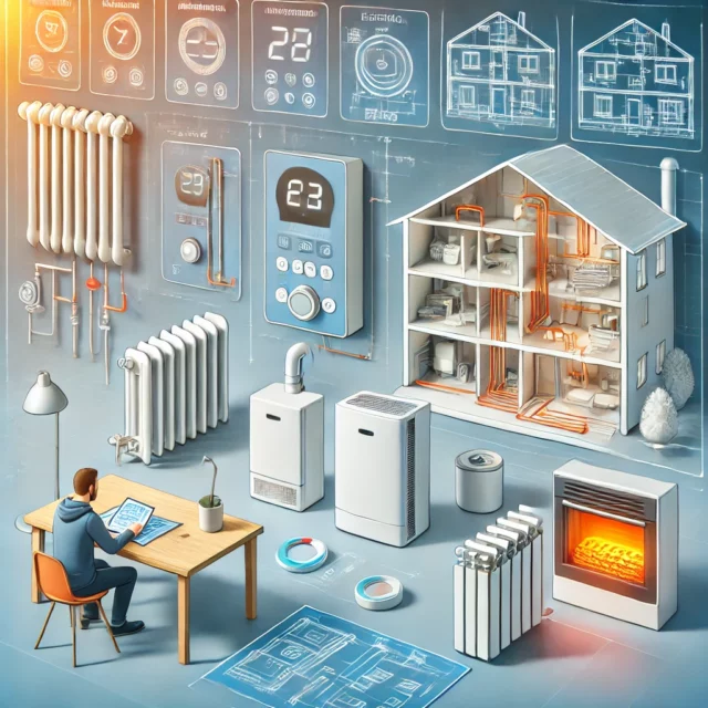 DALL·E 2025-02-13 13.13.29 - An informative illustration for an article about how to choose a heating system for a home. The scene shows a variety of heating systems, including ga