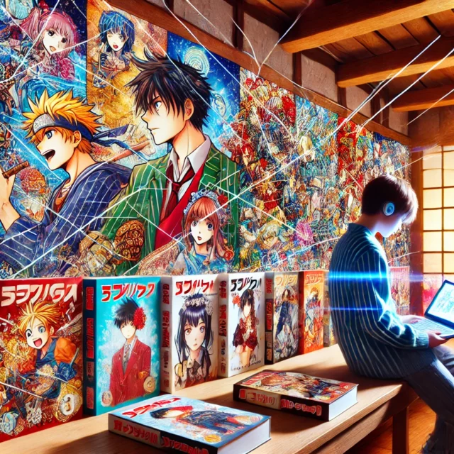 DALL·E 2025-02-15 15.14.39 - A vibrant and colorful illustration of manga books displayed on a shelf, featuring popular characters from different manga genres like action, romance