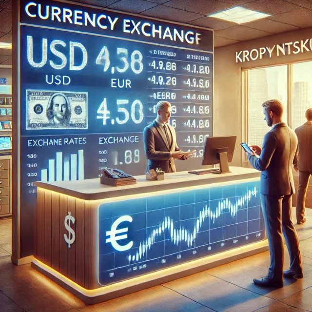 DALL·E 2025-02-20 19.59.04 - A realistic digital illustration of a currency exchange scene in Kropyvnytskyi. A professional exchange office with a digital board displaying current