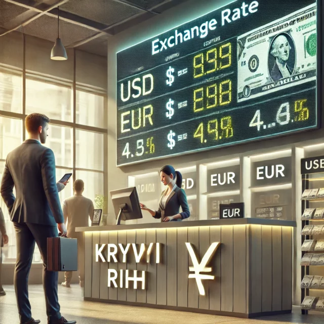 DALL·E 2025-02-20 20.28.02 - A realistic digital illustration of a currency exchange scene in Kryvyi Rih. A modern exchange office with a digital board displaying current exchange