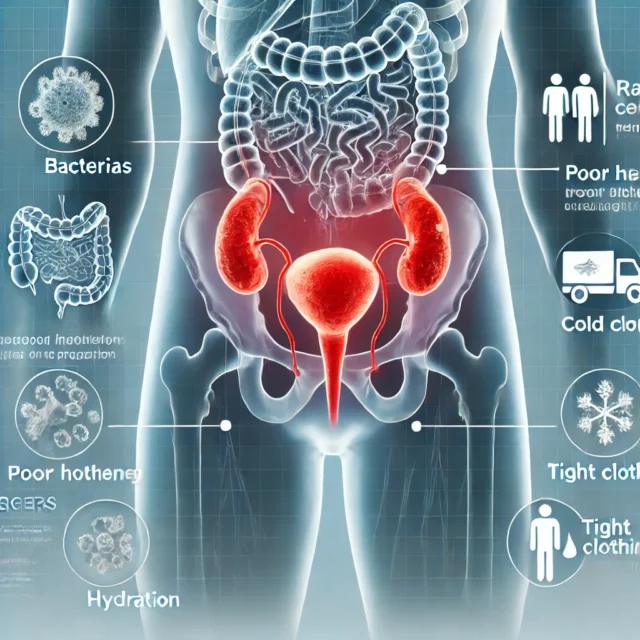 DALL·E 2025-03-24 12.11.54 - An informative medical illustration showing factors that provoke bladder inflammation (cystitis). The image includes a transparent view of the human b