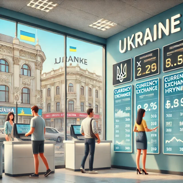 DALL·E 2025-03-25 08.34.22 - A modern currency exchange office in Lutsk, Ukraine. Inside the clean, professional space, people are exchanging money and looking at digital boards s