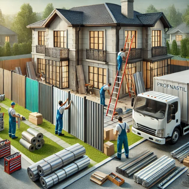 DALL·E 2025-01-24 19.35.30 - An image of a construction site with a new fence being built using high-quality profiled sheet metal (profnastil) for a suburban home. The scene shows