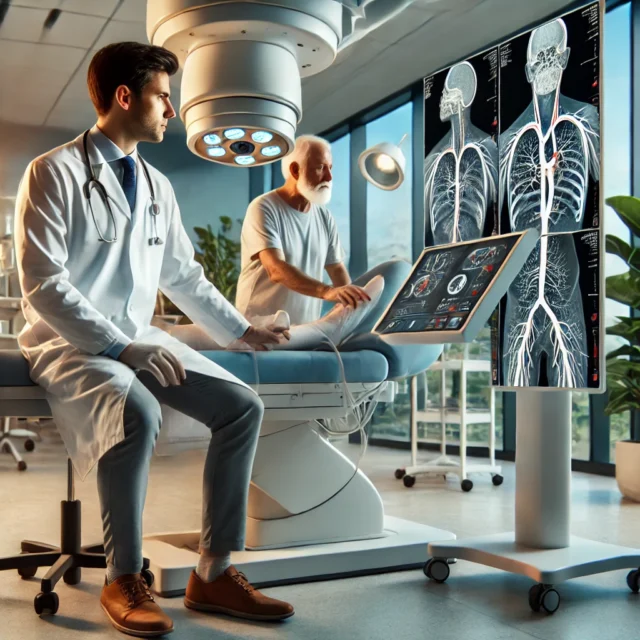 DALL·E 2025-03-18 09.51.13 - A professional vascular surgeon in a modern medical clinic, examining a patient’s vascular condition using advanced imaging technology. The scene show