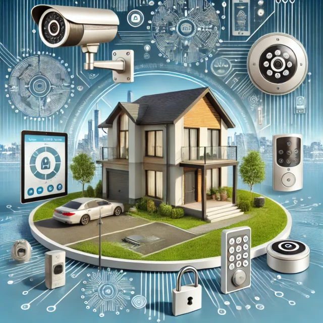 DALL·E 2025-02-21 10.55.23 - An illustrative image depicting modern home security solutions in Dnipro. The image includes elements like security cameras, motion sensors, smart doo