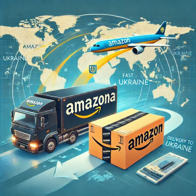 DALL·E 2025-03-14 11.40.58 - An illustration representing Amazon delivery to Ukraine through USAinUA. The image features an Amazon package in transit from the United States to Ukr