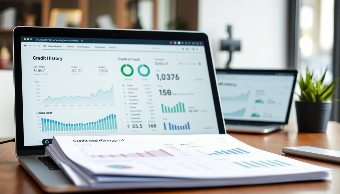 A detailed and comprehensive credit history report, displayed on a sleek and modern desktop setup. The report features a clean, minimalist layout with key information prominently presented. The foreground showcases various financial graphs and charts, providing a visual representation of the person's credit standing. The middle ground features a laptop or tablet displaying additional credit details, while the background depicts a softly blurred office environment with a subtle hint of professionalism. The overall mood is one of thoughtful analysis and prudent financial management, reflecting the need to understand and address potential credit issues.
