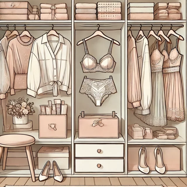 DALL·E 2025-02-17 19.50.00 - A stylish and minimalistic illustration of a women's wardrobe with elegant lingerie and clothing items neatly arranged. The wardrobe features soft pas