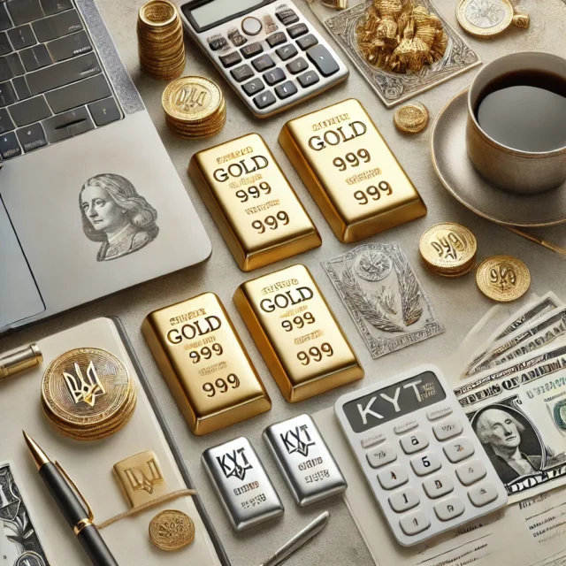 DALL·E 2025-03-21 14.56.03 - An elegant flat lay image representing gold and silver investment in Ukraine. Includes certified gold and silver bullion bars with 999 markings, finan