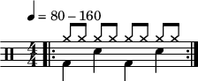 
\version "2.22.0"
\header { tagline = ##f}
\score {
  \drums \with {midiInstrument = "drums"}
  \with { \numericTimeSignature }
  {
    \repeat volta 2 {
      <<
        \tempo 4 = 80-160
        \bar ".|:"
        {
          cymra8  cymra   cymra  cymra 
        }\\{bd4 sne bd sne}
      >>\break
    }
  }
  \layout {}
}
\score {
  \unfoldRepeats {
    \drums \with {midiInstrument = "drums"}{
      \repeat volta 2 {

        <<
          \tempo 4 = 80-160
          \bar ".|:"
          {
            cymra8  cymra   cymra  cymra 
          }\\{bd4 sne bd sne}
        >>\break
      }
    }
  }
  \midi { \tempo  4 = 90 }
}
