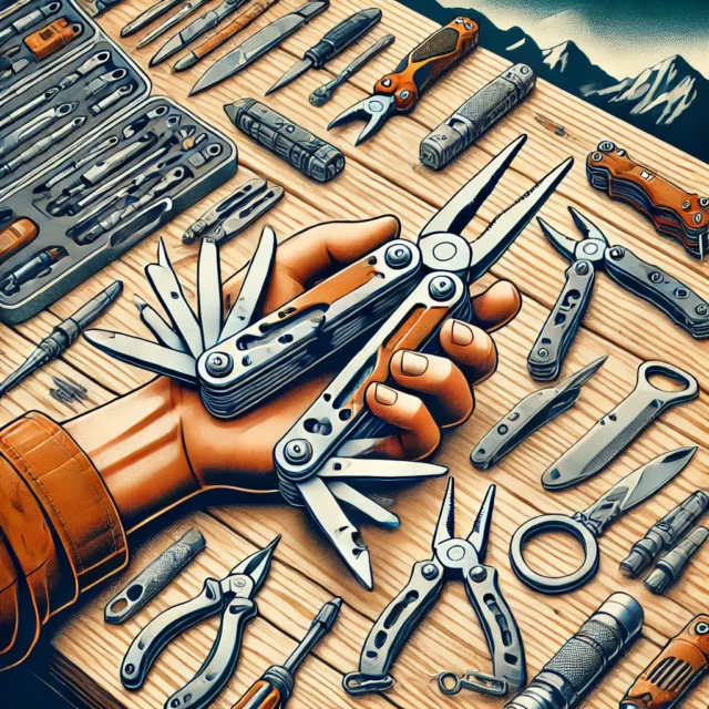 DALL·E 2025-02-13 18.44.18 - An informative illustration for an article about Leatherman multitools. The scene includes various Leatherman multitools, displayed on a wooden workbe