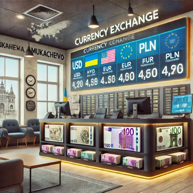 DALL·E 2025-02-22 09.20.18 - A professional and secure currency exchange office in Mukachevo, Ukraine. The scene shows a modern, well-lit exchange counter with a digital display s