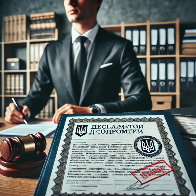 DALL·E 2025-02-24 12.12.59 - A professional business setting featuring documents on a desk, with a prominently displayed 'Declaration of Conformity' form in Ukrainian. The documen