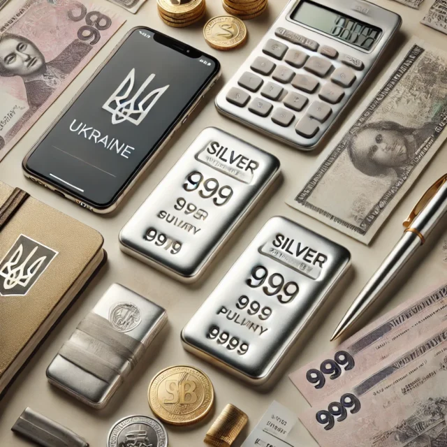 DALL·E 2025-03-21 15.02.16 - A clean and elegant flat lay image representing silver bullion investment in Ukraine. Includes several silver bars with 999 purity markings, some in p