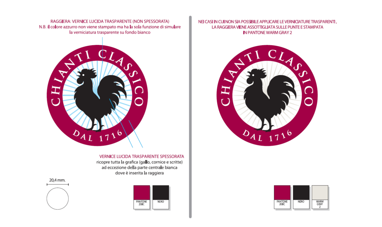 Chianti Classico标志的两种设计方案图，左侧方案含蓝色放射背景及透明漆说明，右侧含浅灰放射背景及暖灰印刷说明，下方配有色卡和尺寸标注