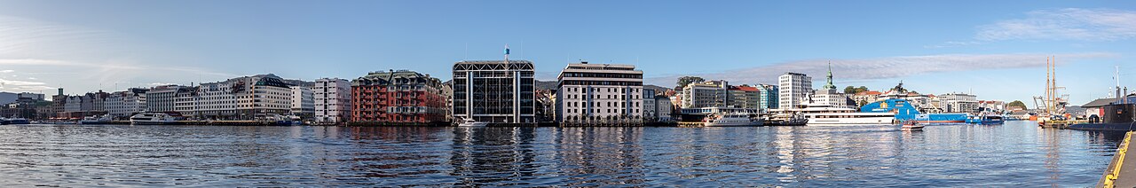 Panorama of Bergen's Vågen harbor with multiple cruise ships and ferries docked along the shore