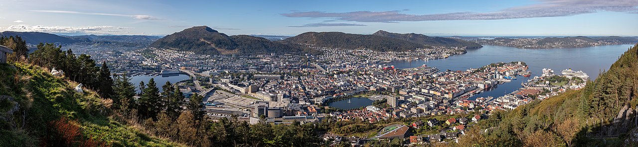 Panoramic view of Bergen from Mount Fløyen, encompassing the city, harbor, and outer fjord channel