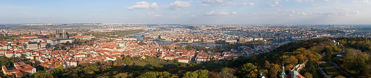 Panorama of Prague: red-roofed old town and the castle district on opposite banks of the Vltava, several bridges linking them