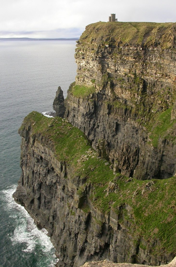 Panoramic view of the vertical cliffs of Moher, with O'Brien's Tower visible in the distance on the clifftop