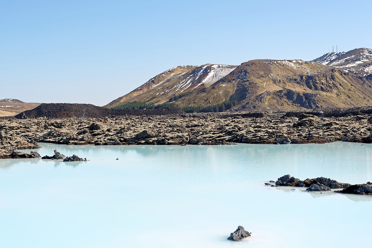 Blue Lagoon with Mount Þorbjörn in the background—the lagoon is about a 20-minute drive from Keflavík Airport