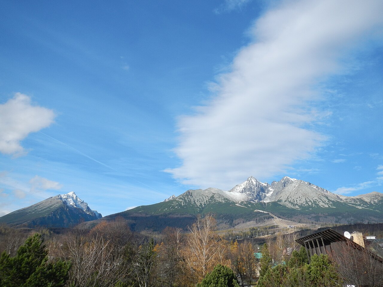 高塔特拉山风景，远处覆雪山峰、山腰森林、前景树木与建筑，晴朗天空带流云