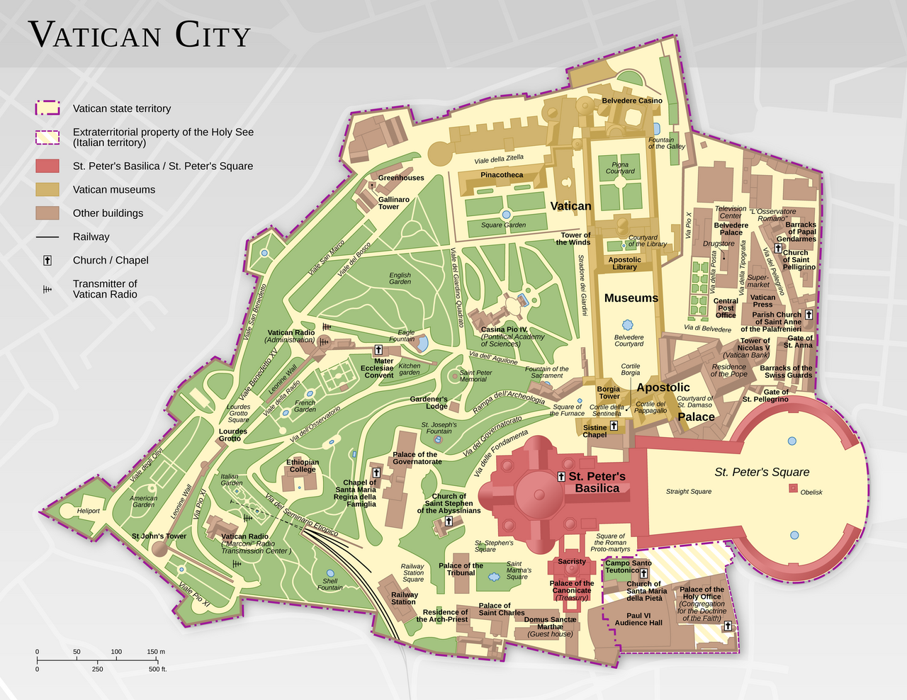 Official territory map of Vatican City, showing the relative positions of the museum complex, St. Peter's Basilica, and St. Peter's Square