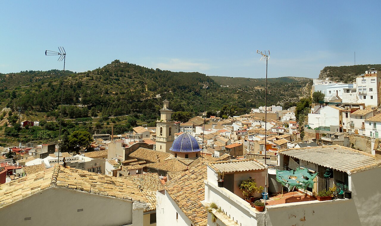 Buñol town and hilltop castle — the La Tomatina main event takes place in the streets of this Valencia province town