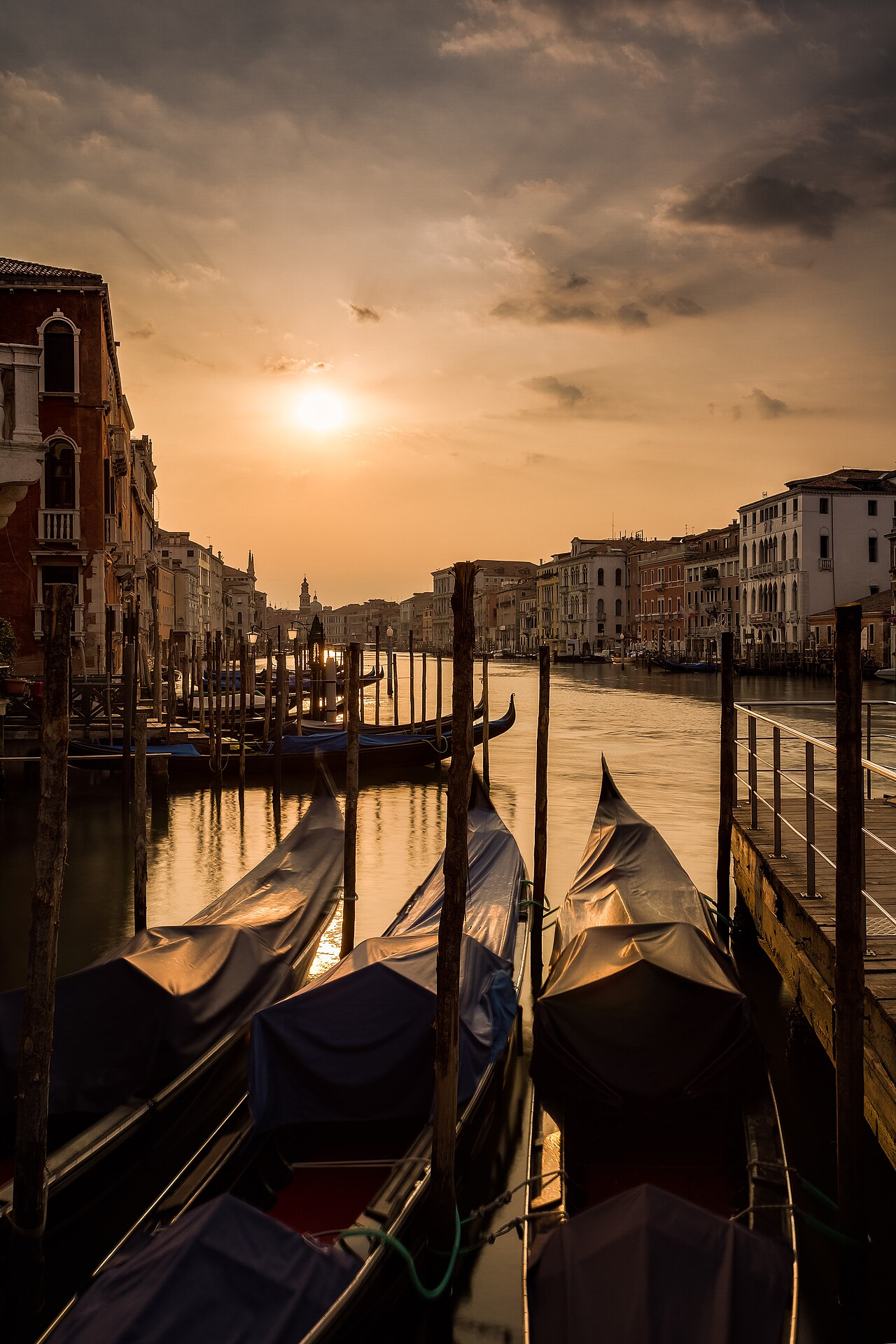 The Grand Canal in the early morning with moored gondolas — the Biennale opens at 10:00 in autumn; before opening, Venice belongs to urban strolling, which is exactly the time the two-day split between the two venues gives you.