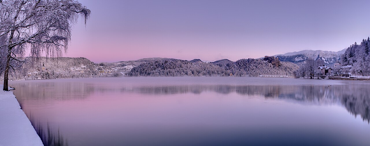 Panoramic view of Lake Bled under pink-purple dawn light, snow-covered lake like a mirror, castle silhouette in the distance