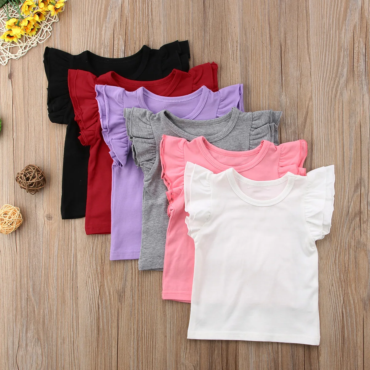 0-6Years Kids T-shirt Baby Girls Ruffle Short Sleeve Shirts Summer Solid Casual 