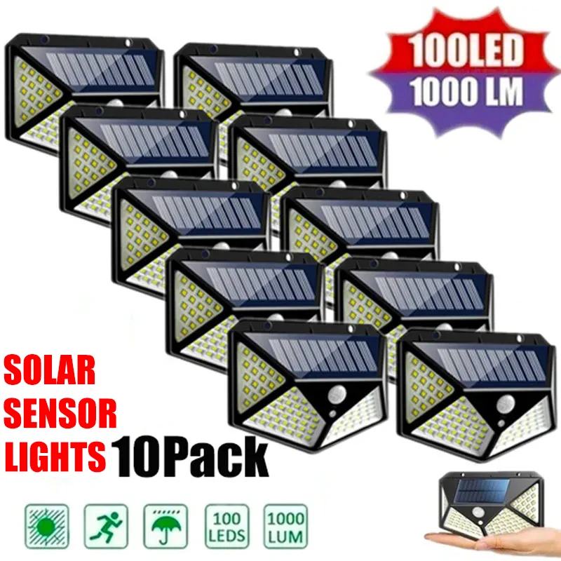 1/2/4/6/10PCS 100 LED Solar Wall Lamp 4 Sides Luminous With Motion Sensor Outdoo