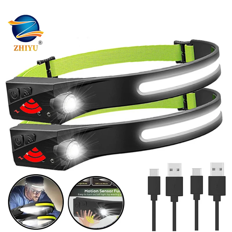 USB Rechargeable Headlamp with Sensor LED Headlamp Head Torch With Built-in Battery Head Flashlight For Camping Fishing Lantern