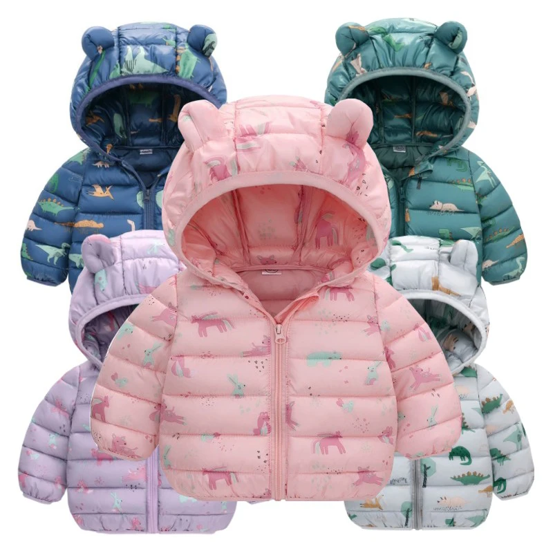 1-5 Years Baby Boy Hooded Lightweight Down Jacket Kids Girl Cartoon Dinosaur Zip