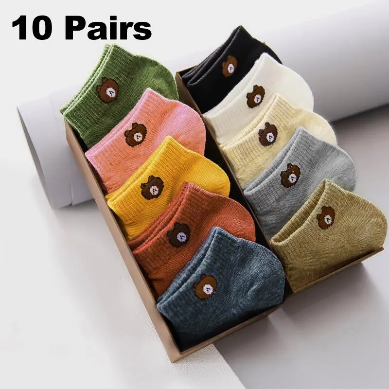 10 Pairs Women Low Tube Socks Set Cute Bear Pattern Fashion Breathable For Femal