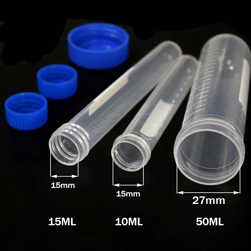 10 Pieces 50ML/15ML/10ML Laboratory Sample Screw Round Bottom Plastic Test Tube 